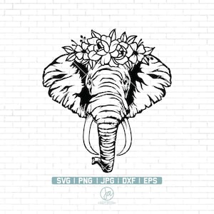 May include: Black and white silhouette of an elephant's head wearing a floral crown. The elephant has a long trunk and large ears. The flowers in the crown are stylised and have a simple design.