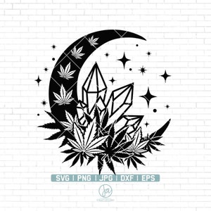 May include: Black and white illustration of a crescent moon with a crystal and marijuana leaf design. The moon is surrounded by stars.