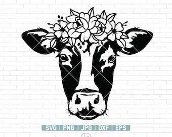 花柄の牛 SVG | 花冠をつけた牛 SVG | 牛 SVG | 牛のカット ファイル | 動物農場 | 頭に花をつけた牛 | かわいい牛 SVG | 農場の動物