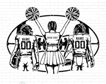 May include: Black and white graphic of a football team with a cheerleader. Two football players flank a cheerleader holding pom-poms. Each player wears a helmet and jersey with the text "NAME" and the number "00". The cheerleader's top says "YOUR TEXT".