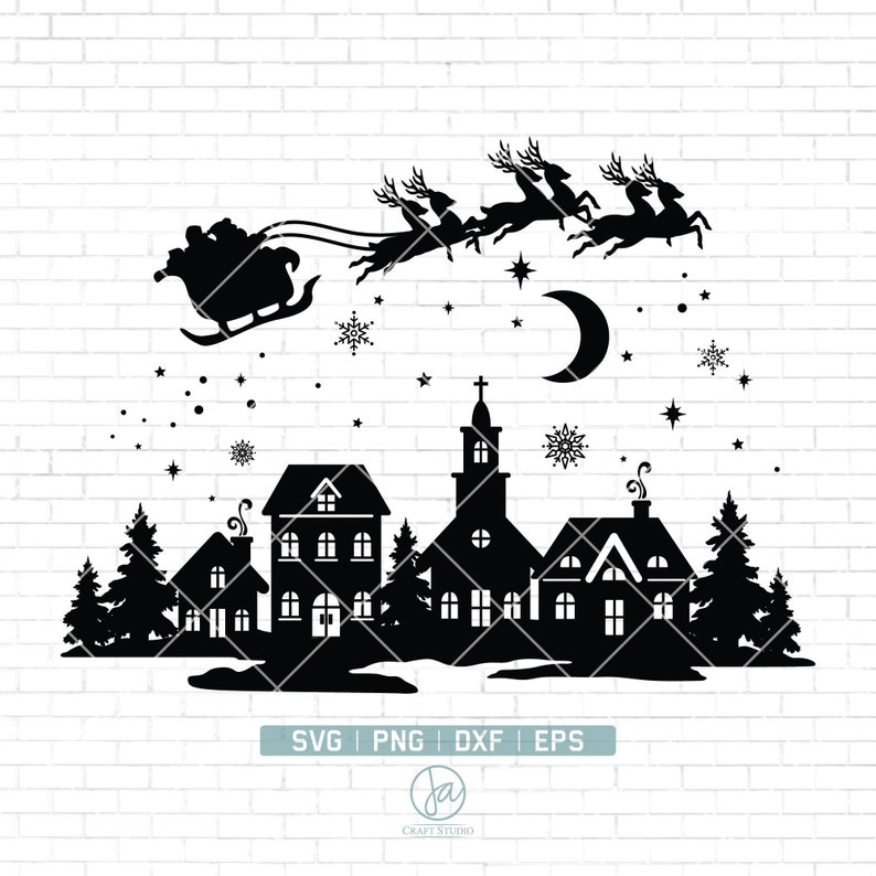 May include: Black and white silhouette of Santa Claus flying over a small town with a crescent moon and stars in the sky. The town has a church, houses, and trees.