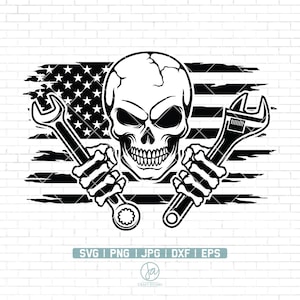US Skull Mechanic Svg | Mechanic Logo | Patriotic Skull Svg | Skull Mechanic Svg | Wrenches Svg | Mechanic Skull Png | Cutting Files