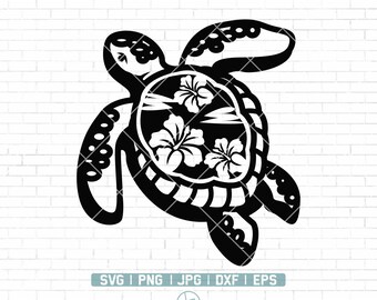 Könnte beinhalten: Schwarze und weiße Silhouette einer Meeresschildkröte mit einem floralen Design auf ihrem Panzer. Die Schildkröte schwimmt mit Kopf und Flossen ausgestreckt.