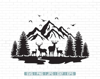 Deer Mountains Scene SVG | Outdoors Scene svg | Deer Family svg | Forest Deer svg | Landscape svg | Sublimation Designs | Png Dxf Jpg Eps