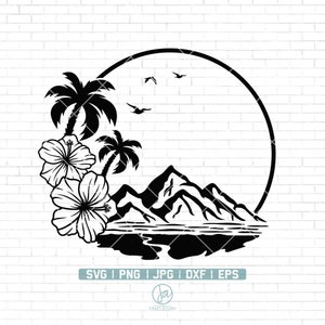 Puede incluir: Diseño en silueta en blanco y negro de una escena de isla tropical con palmeras, montañas y una playa. El diseño está dentro de un círculo.