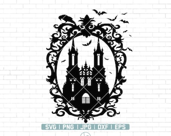 Haunted House Halloween SVG | Halloween scene Svg | Halloween Silhouettes | Halloween Frame Svg | Haunted house Svg | Clipart | Png Dxf Eps