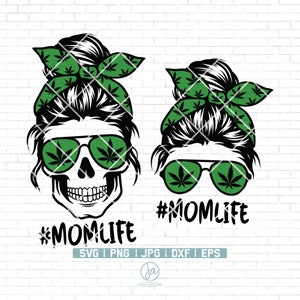 May include: Two black and white skull illustrations with green marijuana leaf designs on the sunglasses and headbands. The text #MOMLIFE is below each skull.