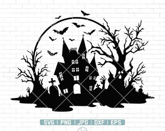 Scena Halloween Svg | Nawiedzony Dom Halloween SVG | Sylwetki Halloween | Straszny Cmentarz Svg | Nawiedzony Dom Svg | Clipart | Png Dxf Eps