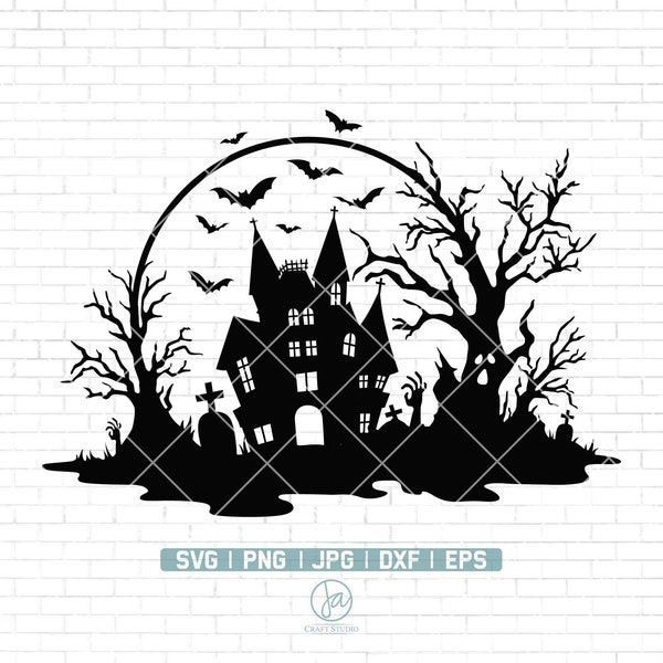 Halloween scene Svg | Haunted House Halloween SVG | Halloween Silhouettes | Scary graveyard Svg | Haunted house Svg | Clipart | Png Dxf Eps