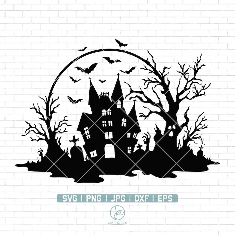 May include: Black and white silhouette of a haunted house with a full moon, bats, and spooky trees. The house has a pointed roof, windows, and a door. The trees are bare and have branches reaching up to the sky.