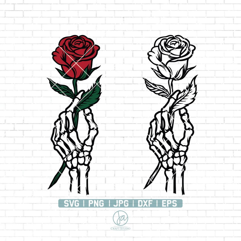 May include: A black skeletal hand holding a red rose with green leaves. The rose is in the foreground and the hand is in the background. The image is in black and white except for the rose, which is red.