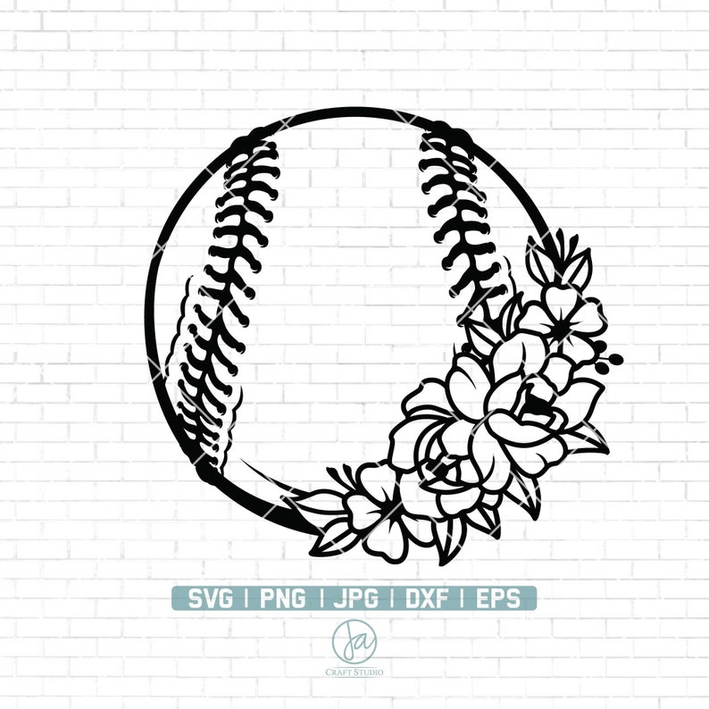 Puede incluir: Silueta en blanco y negro de una pelota de b&eacute;isbol con un dise&ntilde;o floral alrededor de la mitad inferior. Las flores son estilizadas y tienen un dise&ntilde;o simple.