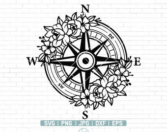 Floral Compass Svg | Compass Svg | Compass Rose Svg | Nautical Compass Svg | Compass Star Svg | Camping Shirt Svg | Adventure Svg | Png  Dxf