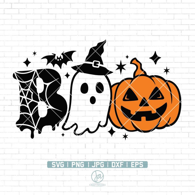 May include: Black and orange Halloween themed graphic with the word "Boo" in dripping black letters, a ghost with a witch's hat, a bat, and a jack-o-lantern.