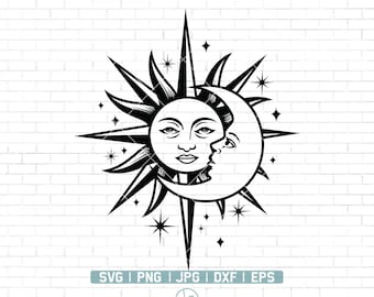 May include: Black and white illustration of a sun and moon with faces. The sun has a starburst design and the moon is a crescent shape. There are small stars scattered around the sun and moon.