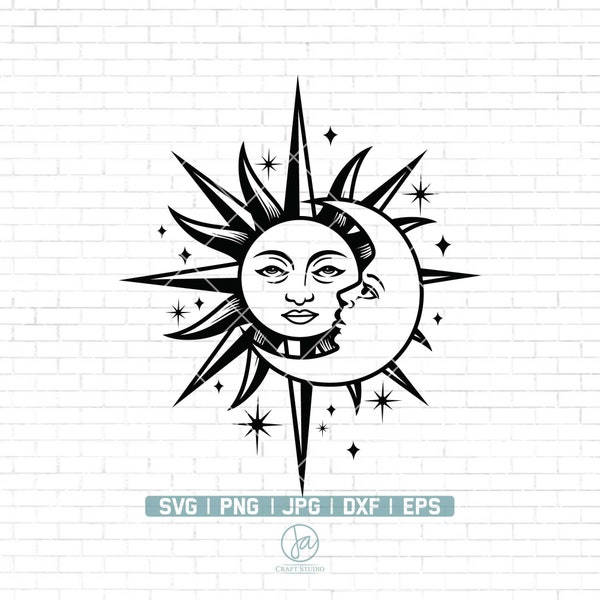 SUN and MOON SVG, Celestial Svg, Moon phases, Mystical Svg, Sun face, Stars, Boho, Sun and Moon Svg files for cricut, Png Dxf Eps