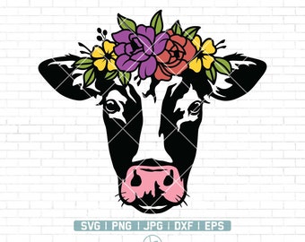 牛の SVG ファイル | 花の冠をつけた牛の SVG | 牛のカット ファイル | 動物農場 | 花の冠 | 頭に花をつけた牛 | かわいい牛の SVG | 農場の動物