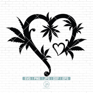 May include: Black and white silhouette of a heart shape made of stylised marijuana leaves. A smaller heart shape is inside the larger heart.