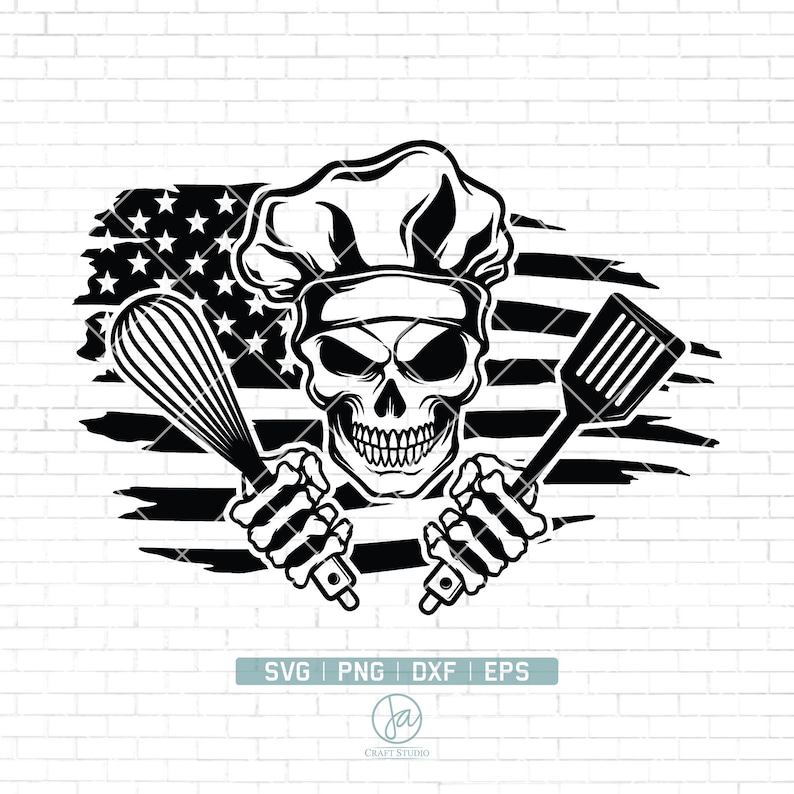 May include: Black and white illustration of a skull wearing a chef's hat holding a whisk and spatula in front of a distressed American flag.