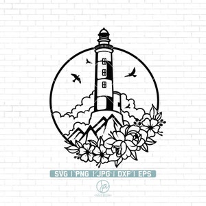 May include: Black and white lighthouse design within a circular frame, featuring birds, clouds, and floral accents. The design includes the text "SVG | PNG | JPG | DXF | EPS" and a logo.