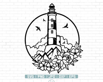 Floral Lighthouse Svg | Lighthouse Svg | Sea Lighthouse Svg | Island Lighthouse Svg | Ocean | Summer | Svg Files for Cricut and Silhouette