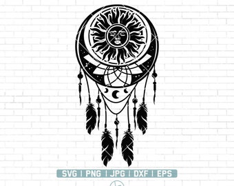 May include: Black and white illustration of a dreamcatcher with a sun and moon design. The dreamcatcher has feathers and beads hanging from it.