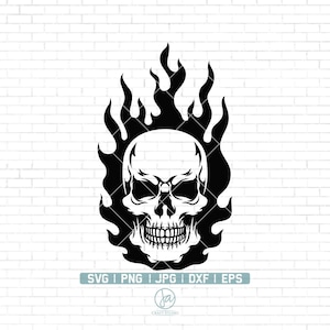 Skull Svg | Skull on Fire | Flaming Skull Svg | Fire Skeleton SVG | Gothic Horror Flame Heat Bones Biker | Instant Download | Png Dxf Eps