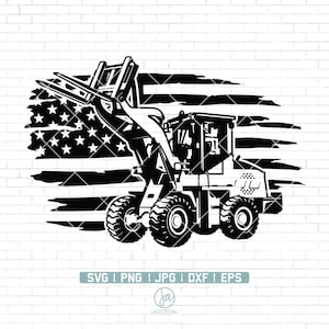 May include: Black and white silhouette of a construction vehicle with a forklift attachment, set against a distressed American flag background.