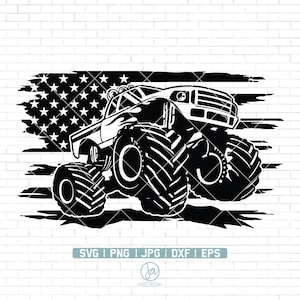 May include: Black and white silhouette of a monster truck driving over a distressed American flag. The truck has large tires and a detailed design.
