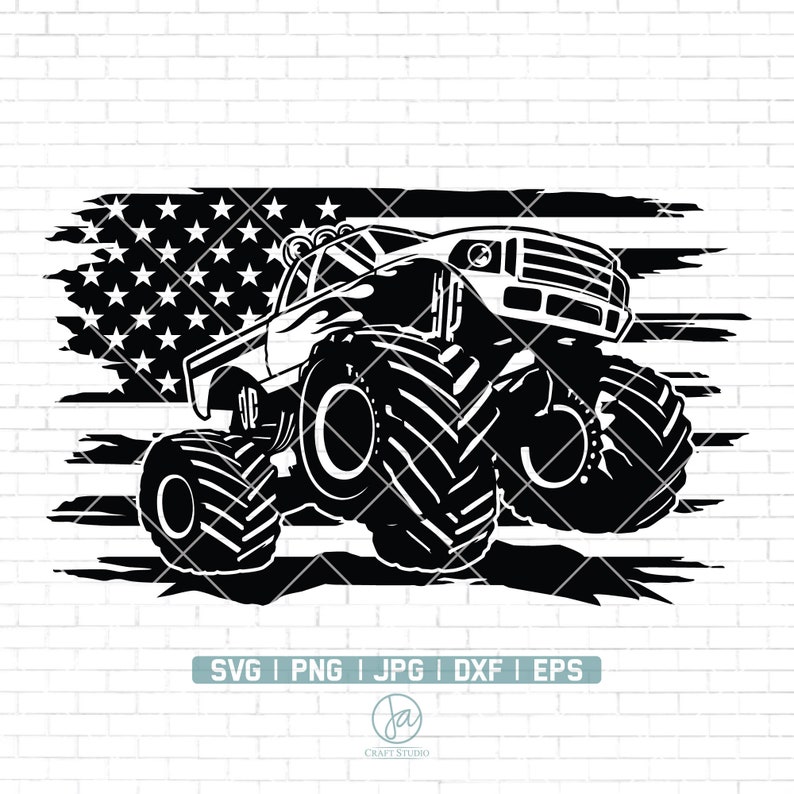May include: Black and white silhouette of a monster truck driving over a distressed American flag. The truck has large tires and a detailed design.