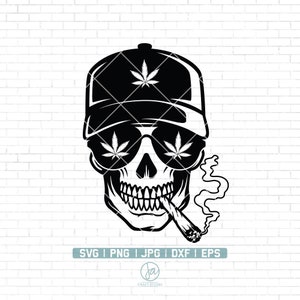 May include: Black and white illustration of a skull wearing a baseball cap with a marijuana leaf design. The skull is wearing sunglasses with marijuana leaves in the lenses and is holding a joint in its mouth.