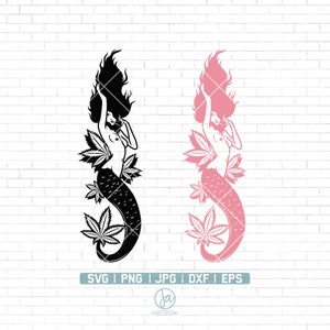 Puede incluir: Una ilustración en blanco y negro de una sirena con el pelo largo y fluido y una cola rodeada de hojas de marihuana. La sirena también se muestra en rosa.