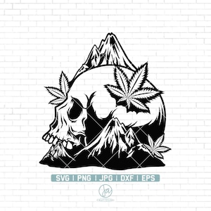 May include: Black and white illustration of a skull with a mountain range behind it.  The skull is surrounded by marijuana leaves.