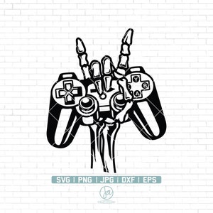 May include: A black and white illustration of a skeleton hand giving the rock and roll hand gesture while holding a video game controller.