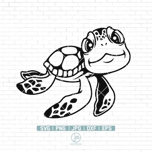 Könnte beinhalten: Schwarz-weiß-Linienzeichnung einer Cartoon-Meeresschildkröte mit einem breiten Lächeln und großen Augen. Die Schildkröte schwimmt mit ausgestreckten Flossen.
