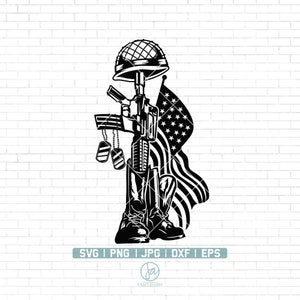 May include: Black and white illustration of a military helmet, rifle, boots, and an American flag. The rifle is standing upright with the helmet on top. The boots are at the base of the rifle. The American flag is draped behind the rifle.