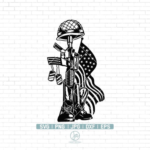 Fallen Soldier Tribute Svg | Veteran Soldier Svg | Military Boots Svg | US Army Svg | Dog Tag Svg | Gun Helmet USA Flag | Png Dxf Jpg Eps