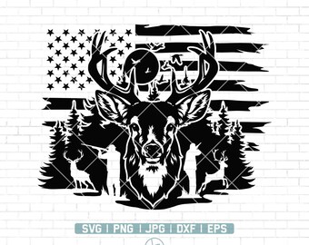 May include: Black and white silhouette of a deer with antlers, standing in front of a distressed American flag. The deer is surrounded by trees and two hunters with rifles.