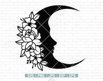 May include: Black and white silhouette of a crescent moon with a floral design. The moon is facing to the right and has a stylized face. The flowers are stylized and have a simple design.