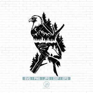 May include: Black and white silhouette of an eagle with a forest scene inside its body. The eagle is perched on a branch with a small bear silhouette in the forest scene.