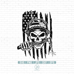 May include: Black and white illustration of a skull wearing a welding helmet and holding a welding torch. The skull is in front of a distressed American flag.
