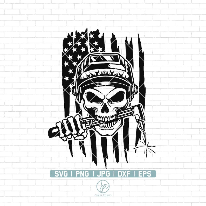 May include: Black and white illustration of a skull wearing a welding helmet and holding a welding torch. The skull is in front of a distressed American flag.