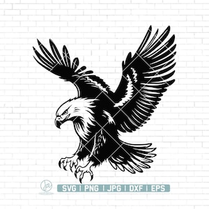 May include: Black and white silhouette of a bald eagle with its wings spread wide, soaring in flight. The eagle's head is turned to the side, with a sharp, focused gaze. The image is set against a white brick background.