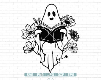 Floral Ghost Svg / Halloween Book Lover SVG / Ghost Reading Book svg / Reading svg / Halloween Teacher svg / Librarian svg / Png Dxf Jpg Eps