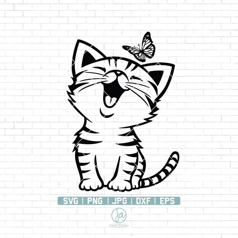 May include: A black and white line drawing of a cartoon cat with a butterfly above its head. The cat is sitting up and has its mouth open as if it is laughing.