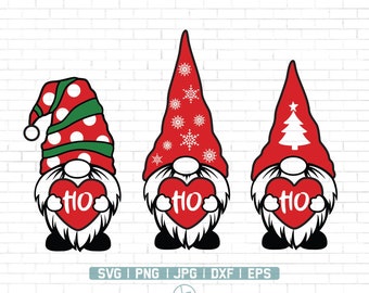 May include: Three gnomes with red hats and white beards holding red hearts with the word "HO" on them. The gnome on the left has a green and white polka dot hat, the gnome in the middle has a hat with snowflakes, and the gnome on the right has a hat with a Christmas tree.
