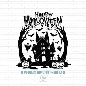 Happy Halloween Svg | Halloween scene Svg | Haunted House Svg | Scary graveyard Svg | Halloween Silhouette | Pumpkin Svg | Png Dxf Jpg Eps