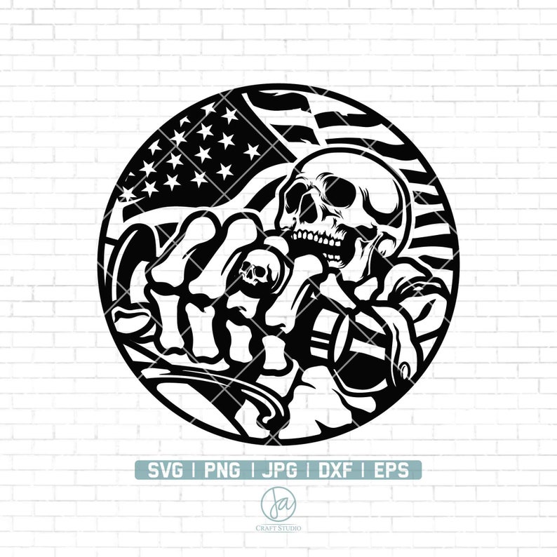 May include: Black and white illustration of a skull holding a microphone in front of an American flag. The skull is wearing a bandana and has a goatee. The flag is in the background and is partially obscured by the skull.