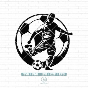 May include: Black and white silhouette of a soccer player kicking a ball. The player is positioned in front of a large soccer ball.