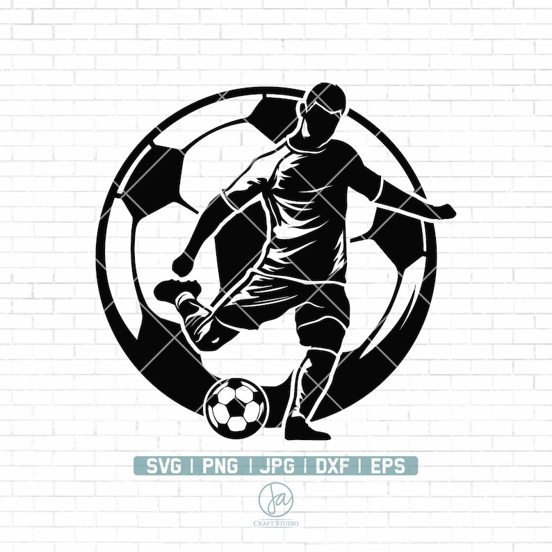 May include: Black and white silhouette of a soccer player kicking a ball. The player is positioned in front of a large soccer ball.
